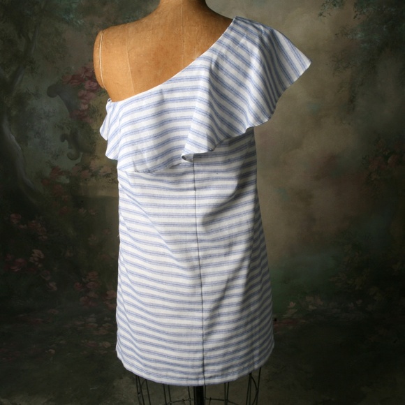 Aakaa One Shoulder Ruffle Shift Dress Stripe Sz S. - Picture 4 of 8